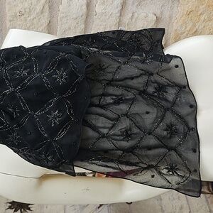 Gorgeous Large Hand Beaded Gold Thread Trim Elegant Black Chiffon Sheer Scarf